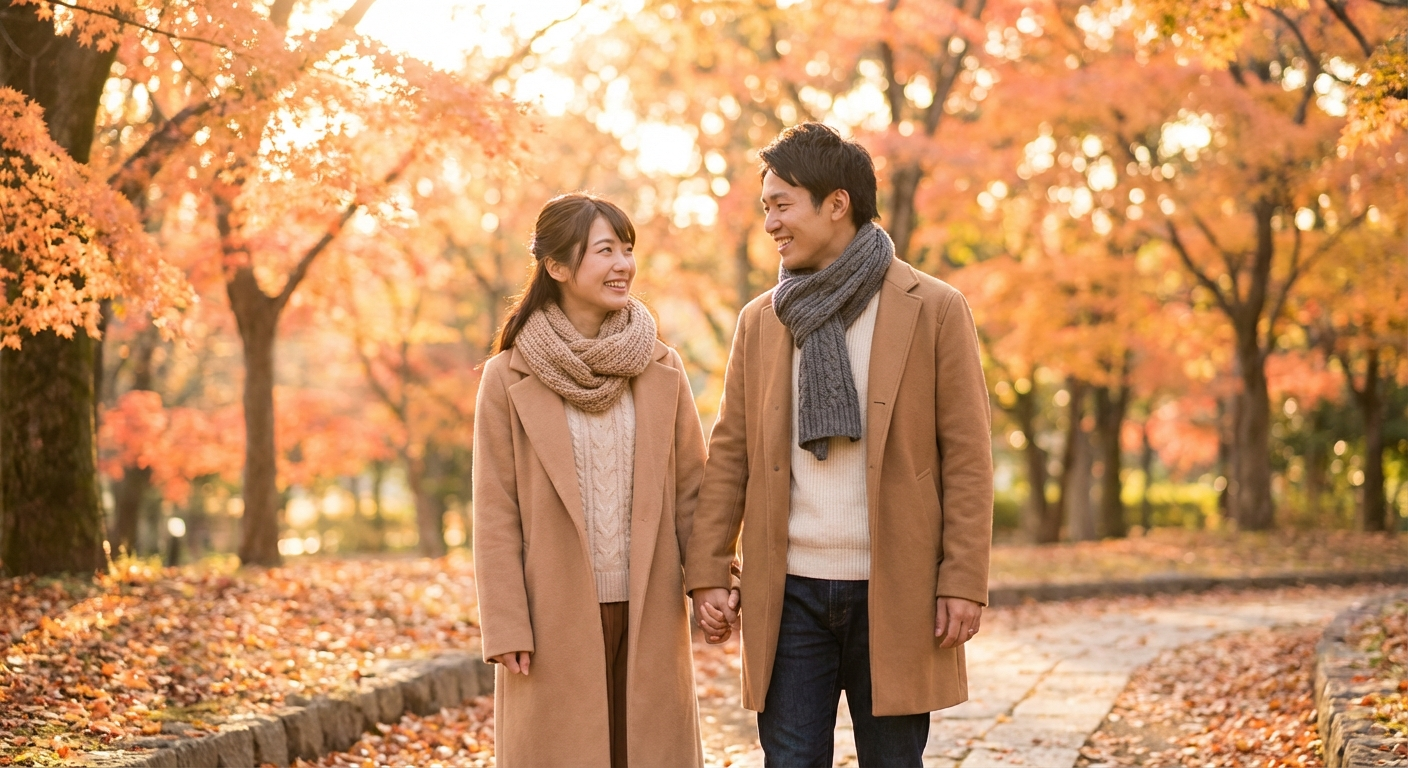 幸せに歩くカップル